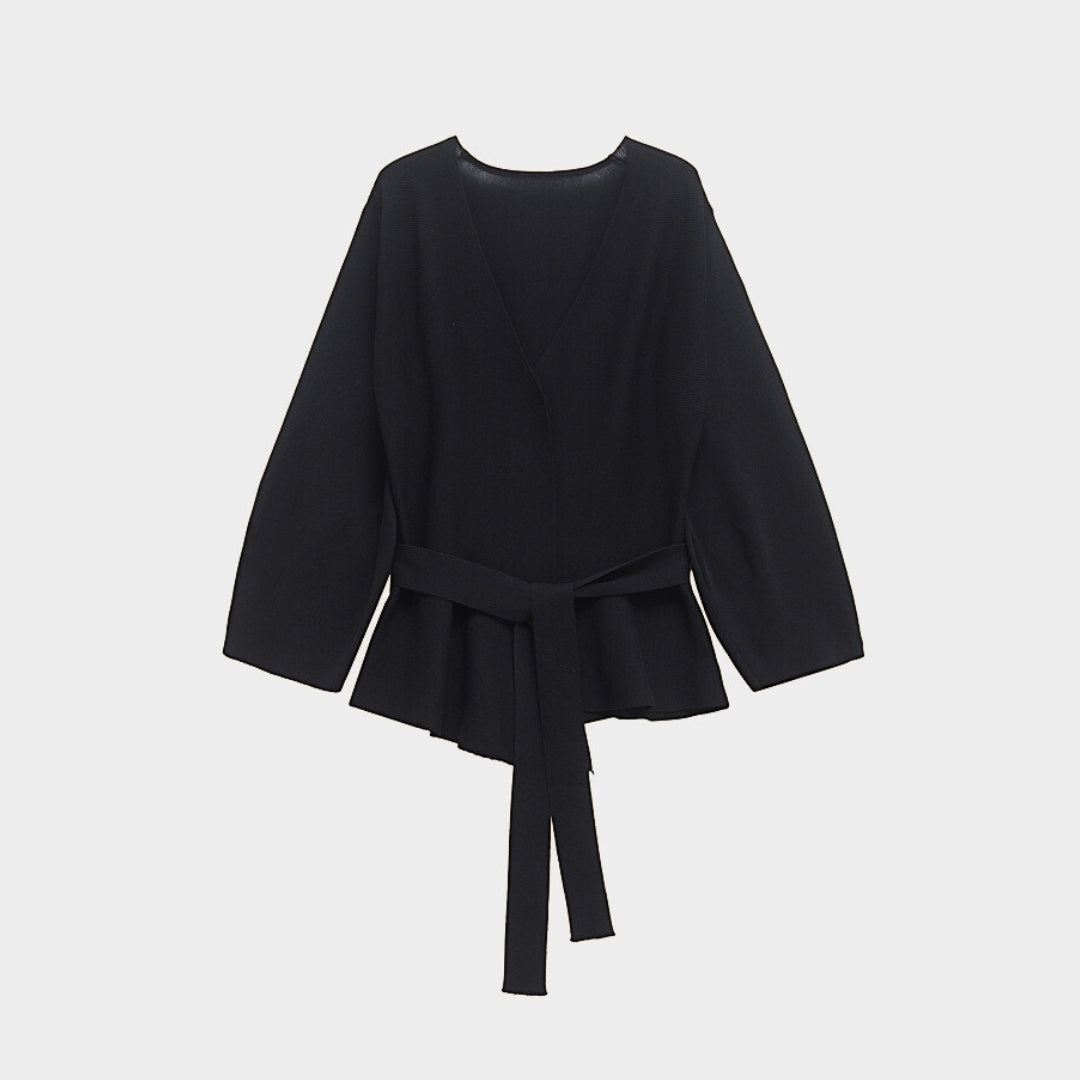 Elegant blus med v-ringning lång ärm och knytbart midjebälte