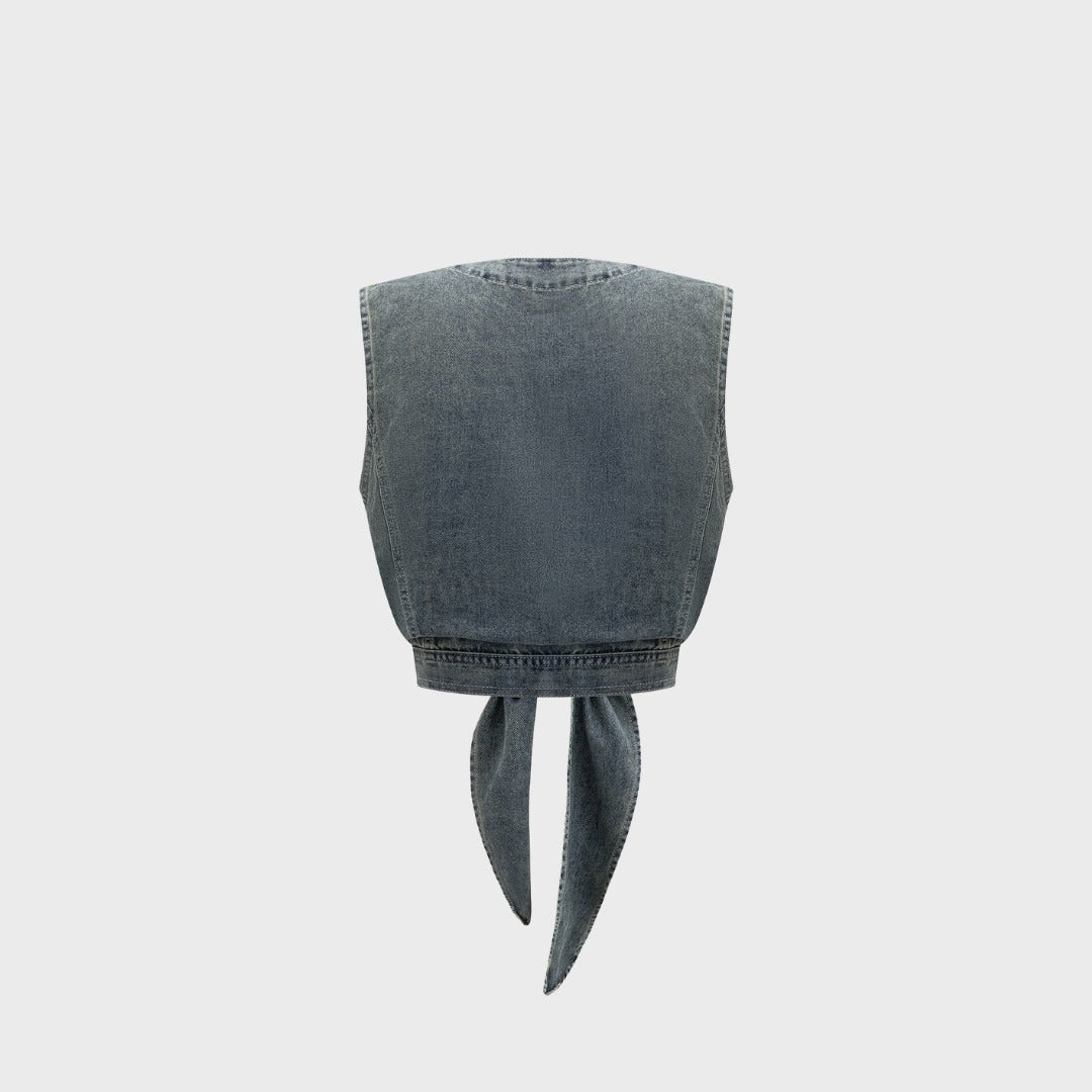 Jeansväst med knytning framtill och fickor