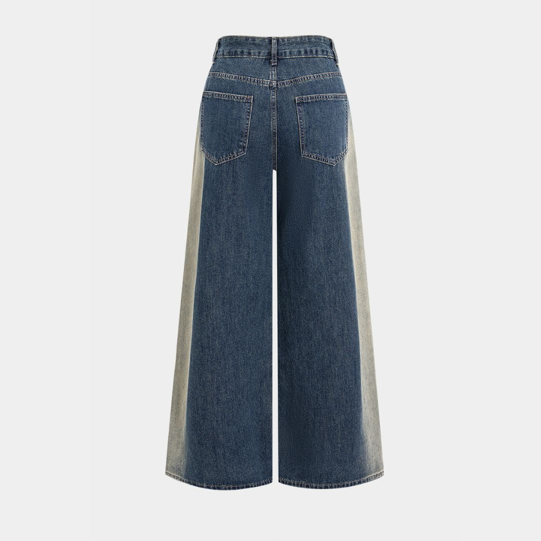 Tvåtonade denimjeans med vågformade paneler, hög midja och breda ben i kraftig bomullsblandning