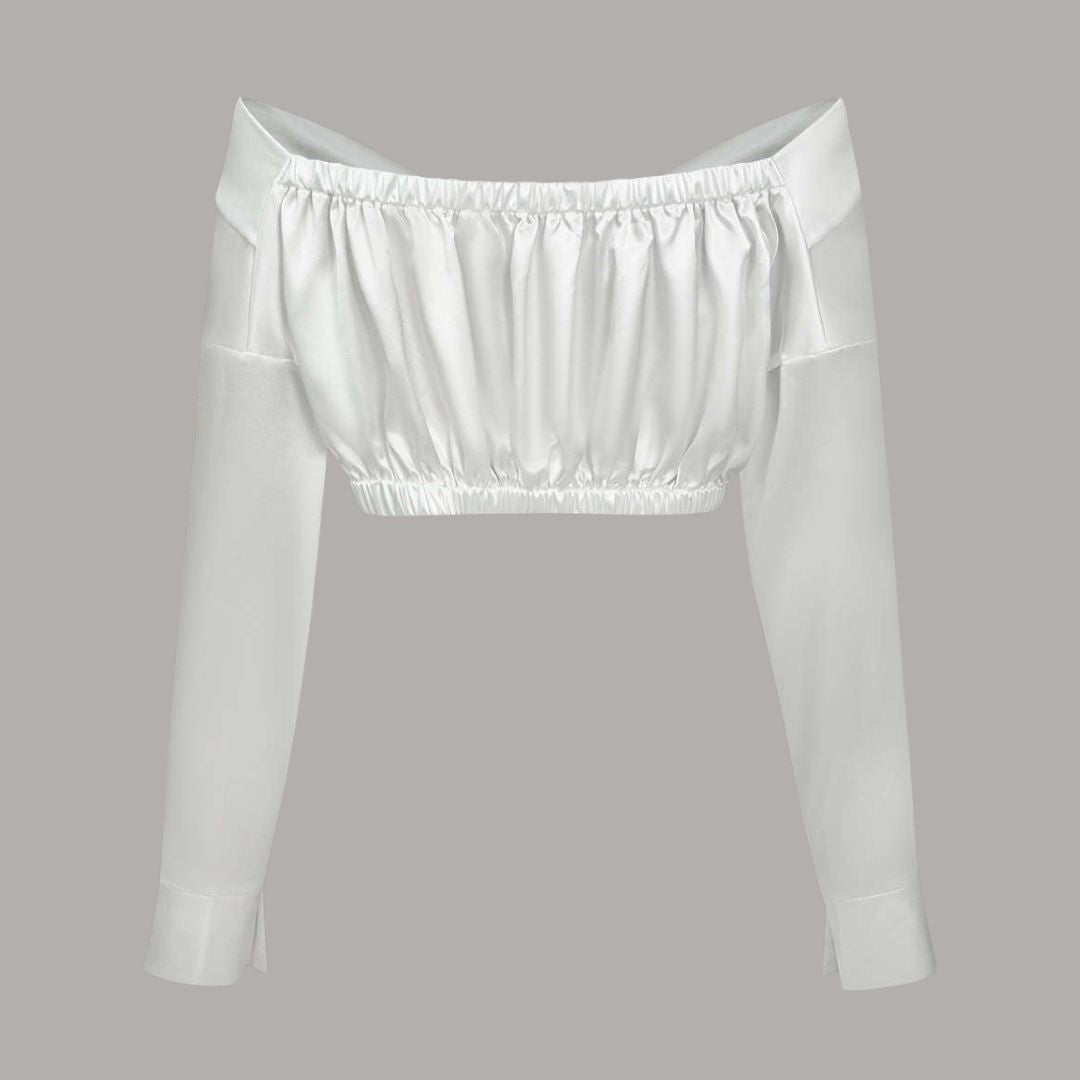 Vit Off-shoulder satintopp med knytdrapering och långa ärmar