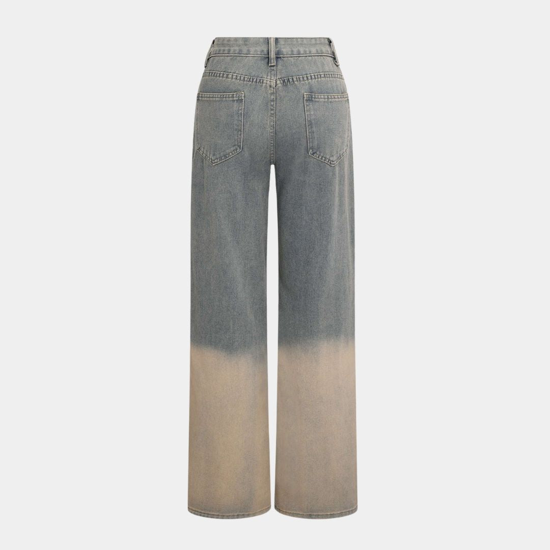 Patchwork-jeans med råa sömmar, hög midja och tvåtonad tvätt i rak silhuett