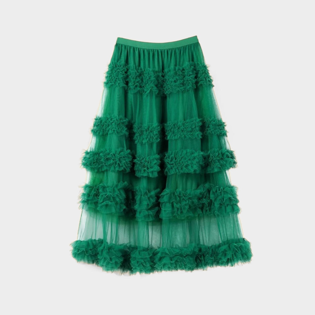 Kjol i spets med lagerdetaljer, naturlig midja, A-linje silhuett och volym