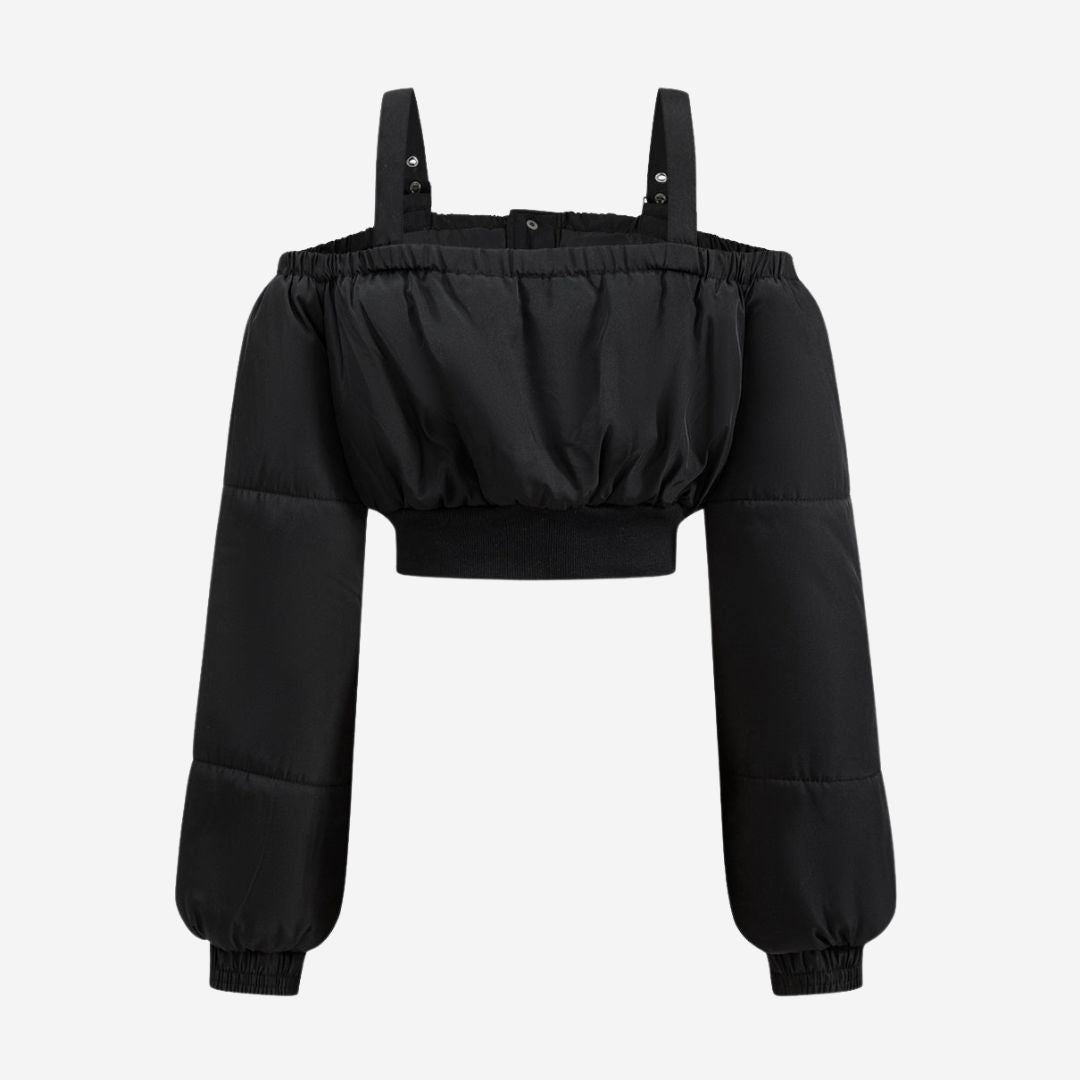 Svart avskalad puffjacka med off-shoulder-design och justerbara axelband