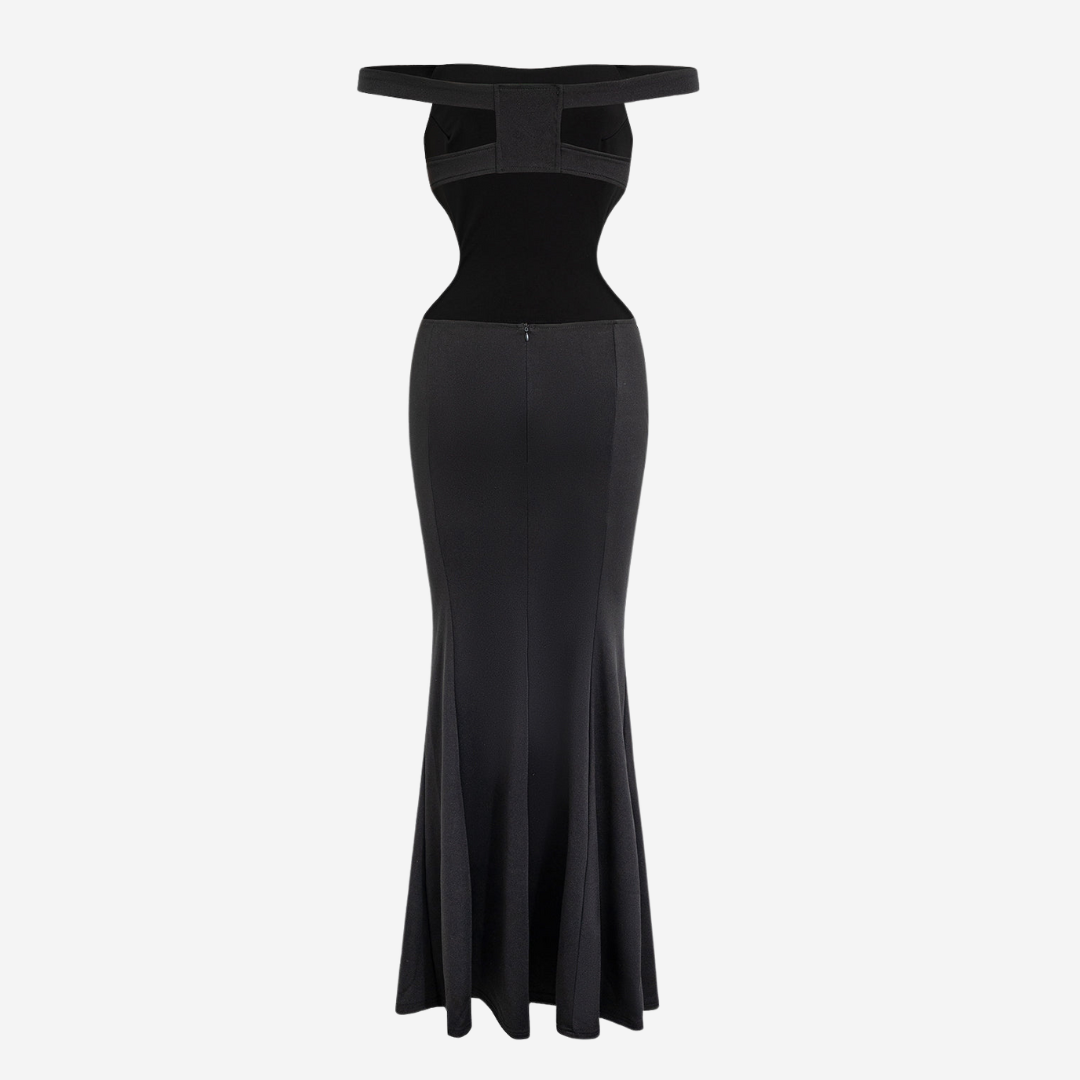 Axelbandslös svart långklänning i stretchjersey med figurnära silhuett och utsvängd nederdel