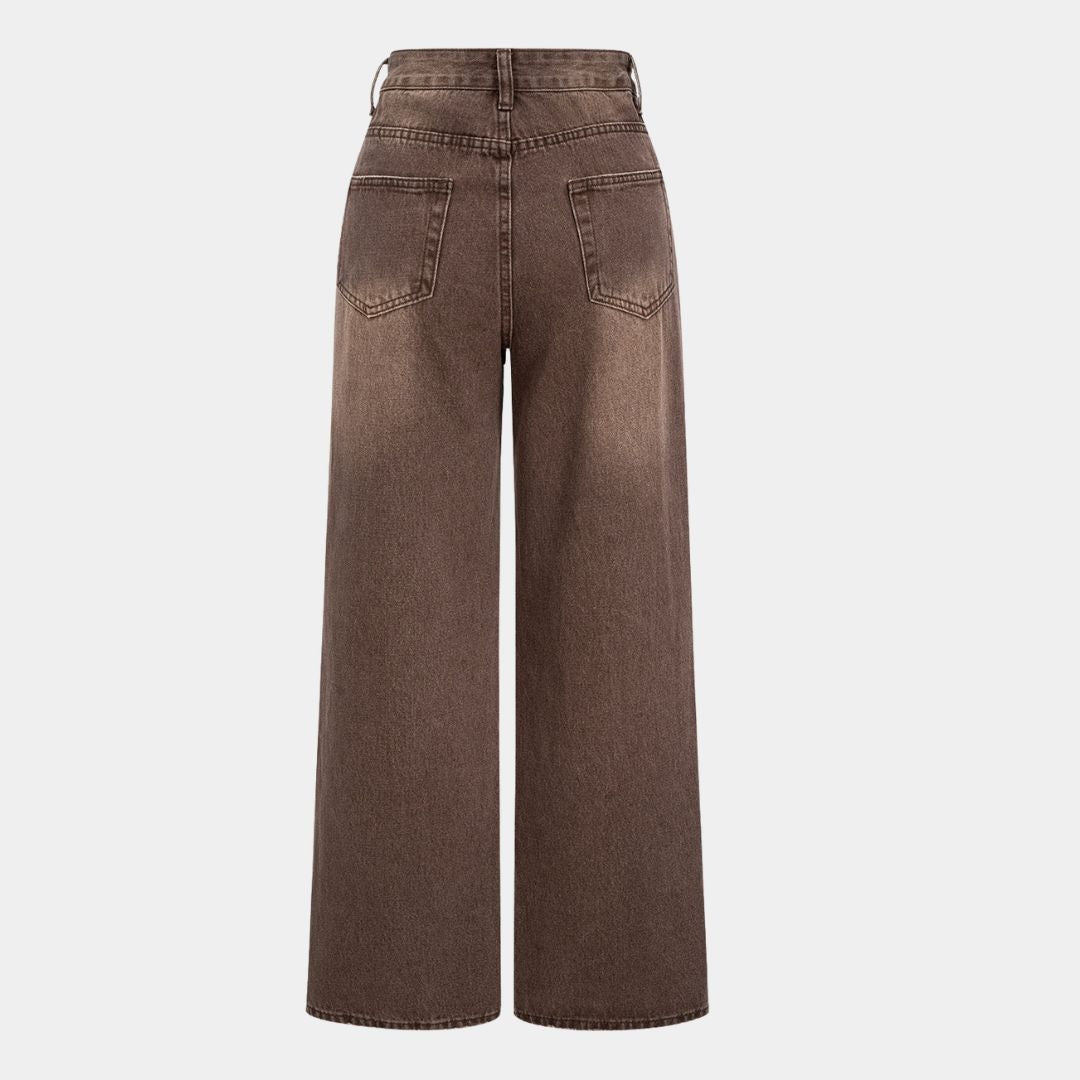 Bruna vida jeans med hög midja och tvättad yta i kraftigt denim utan stretch