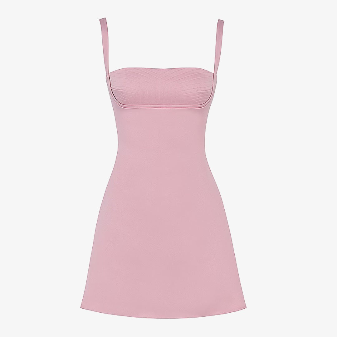 Rosa ärmlös miniklänning i blank satin med bystdetalj