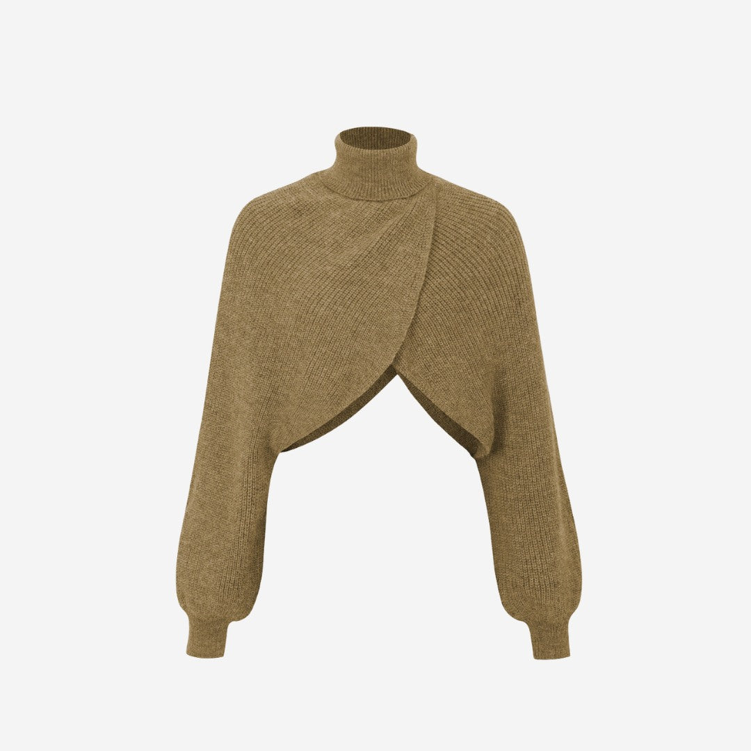 Stickad bolero med omlottdesign, polokrage och lös passform