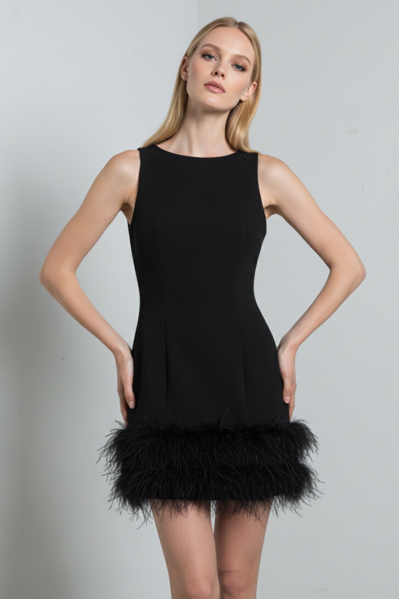 Svart Elegant miniklänning med fjäderkant och smal passform