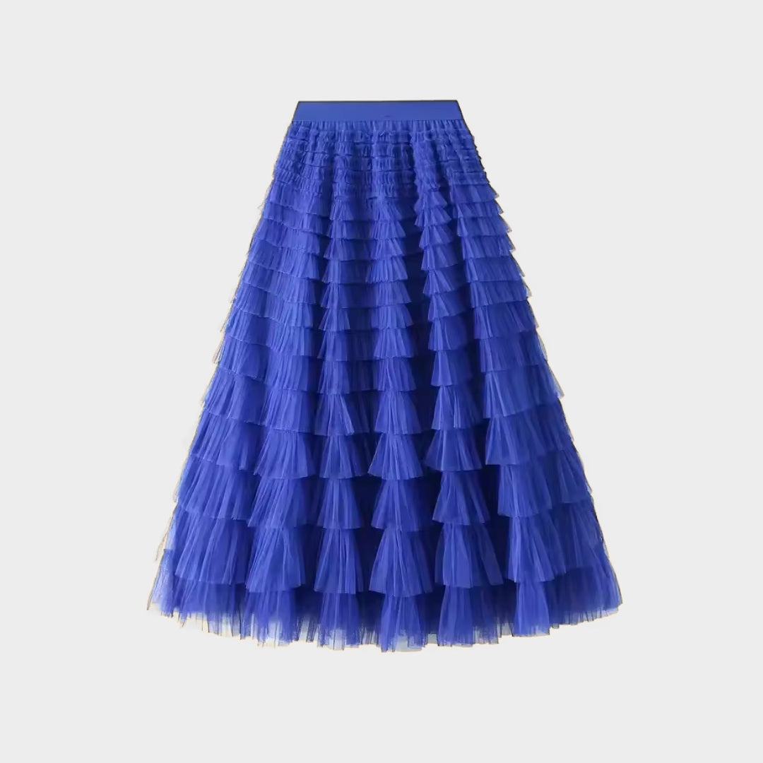 Kjol i mesh med plisserade lager naturlig midja och avslappnad passform