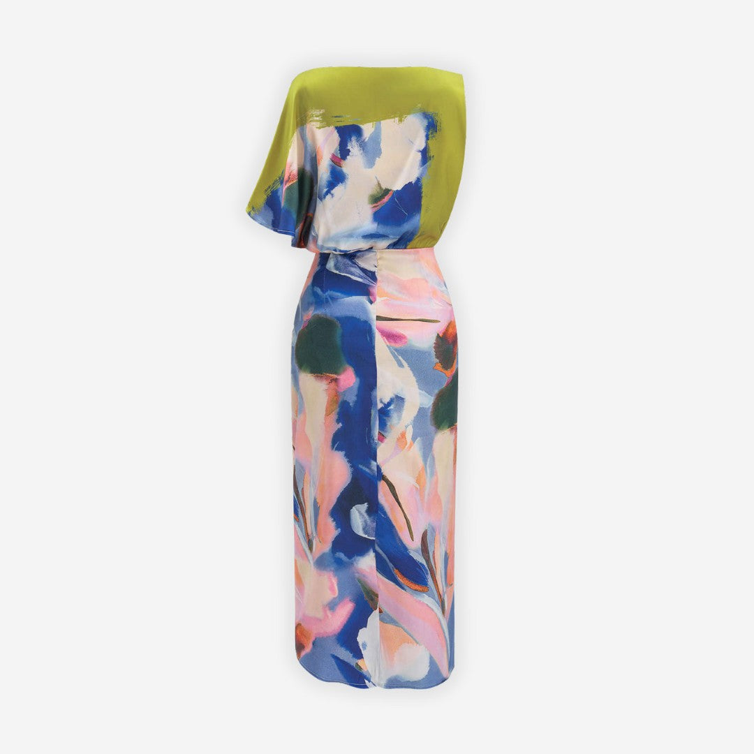 Färgstark satinklänning med målningstryck, lös överdel och figurnära midikjol