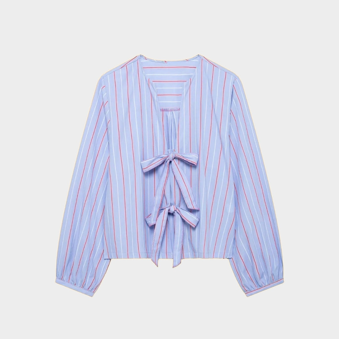 Blus i poplin med knytband och ränder