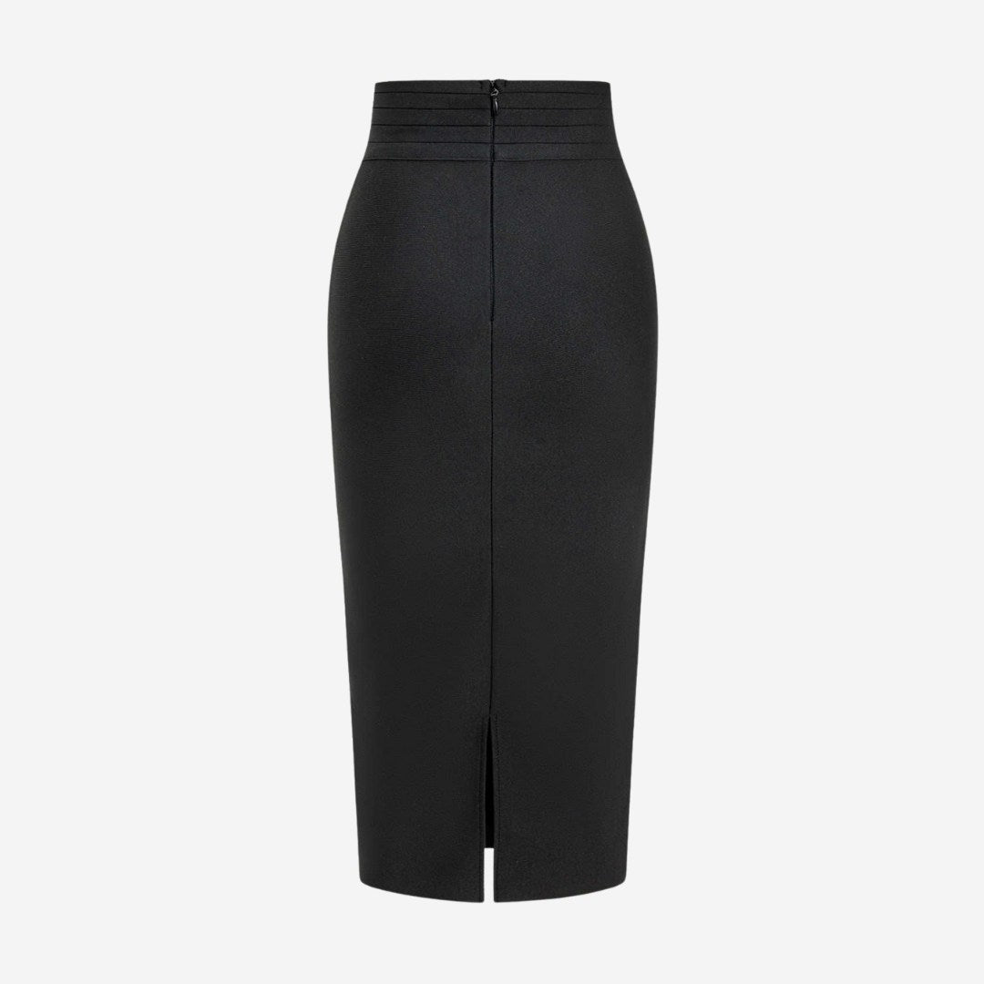 Svart Solid Stickad Asymmetrisk Knapp Kjol Med Drapering