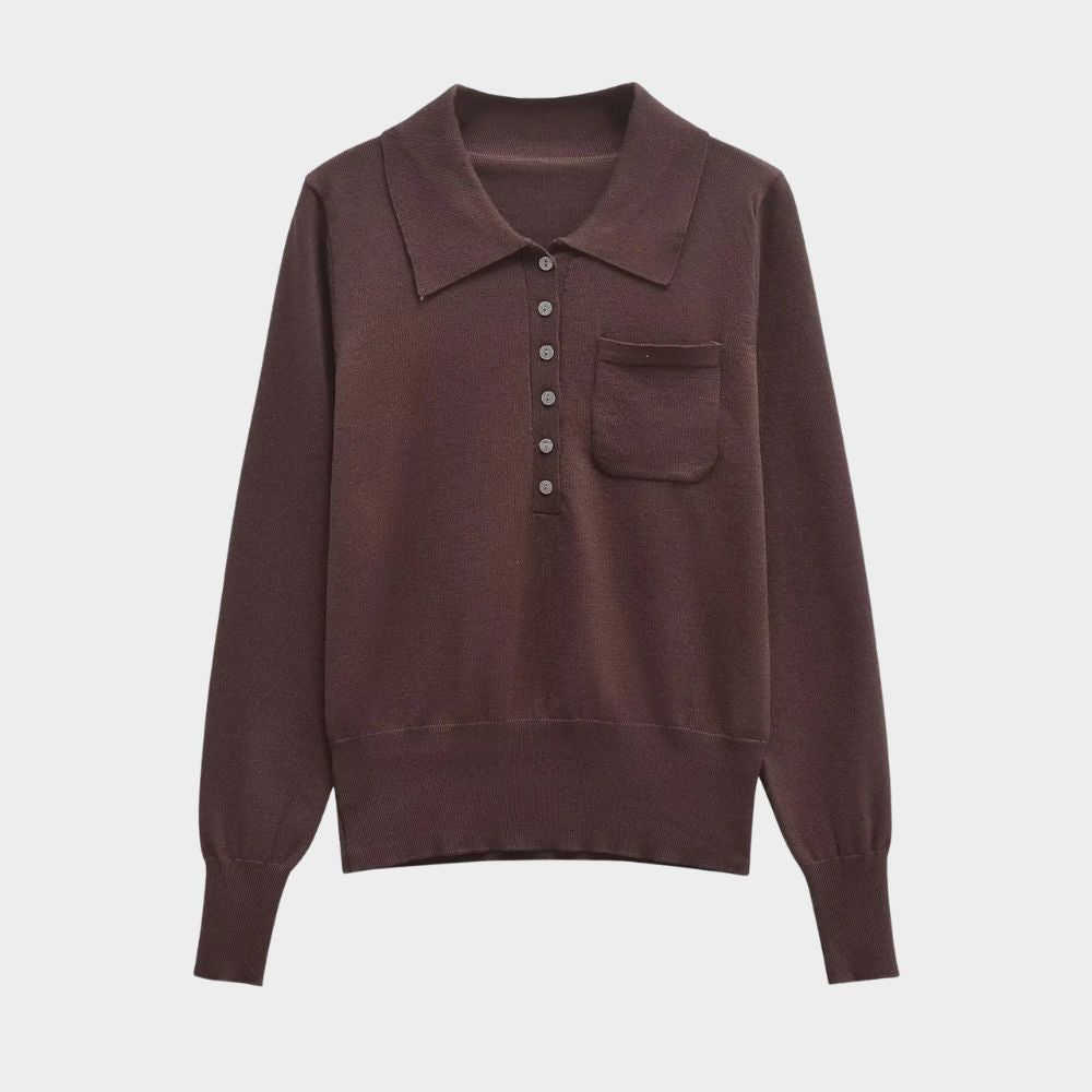 Brun stickad tröja med polokrage ficka och lång ärm