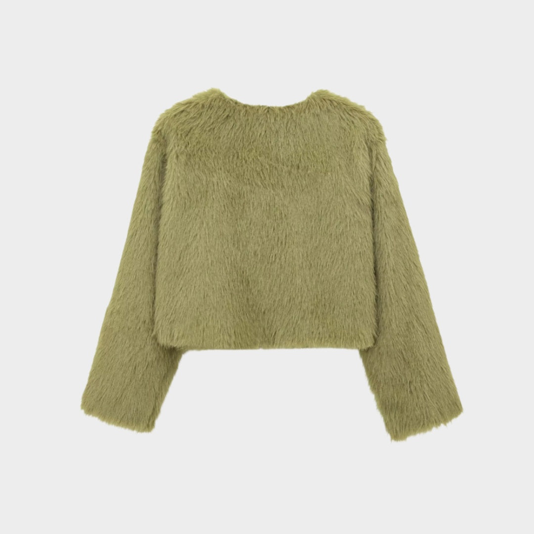 Kort Jacka i fuskpäls med rund hals och knäppning