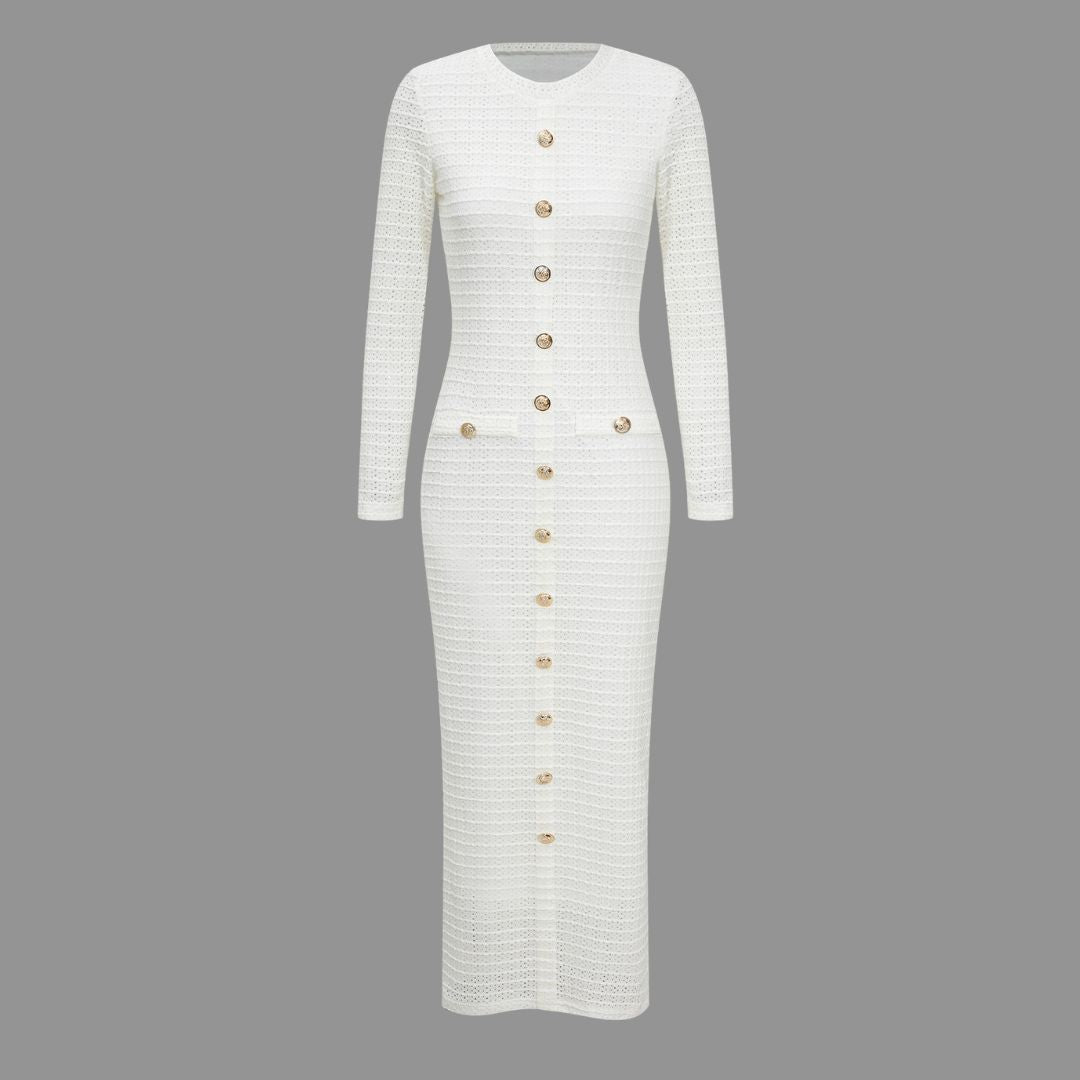 Vit långärmad fodralklänning i strukturerad jersey med guldknappar och rund halsringning