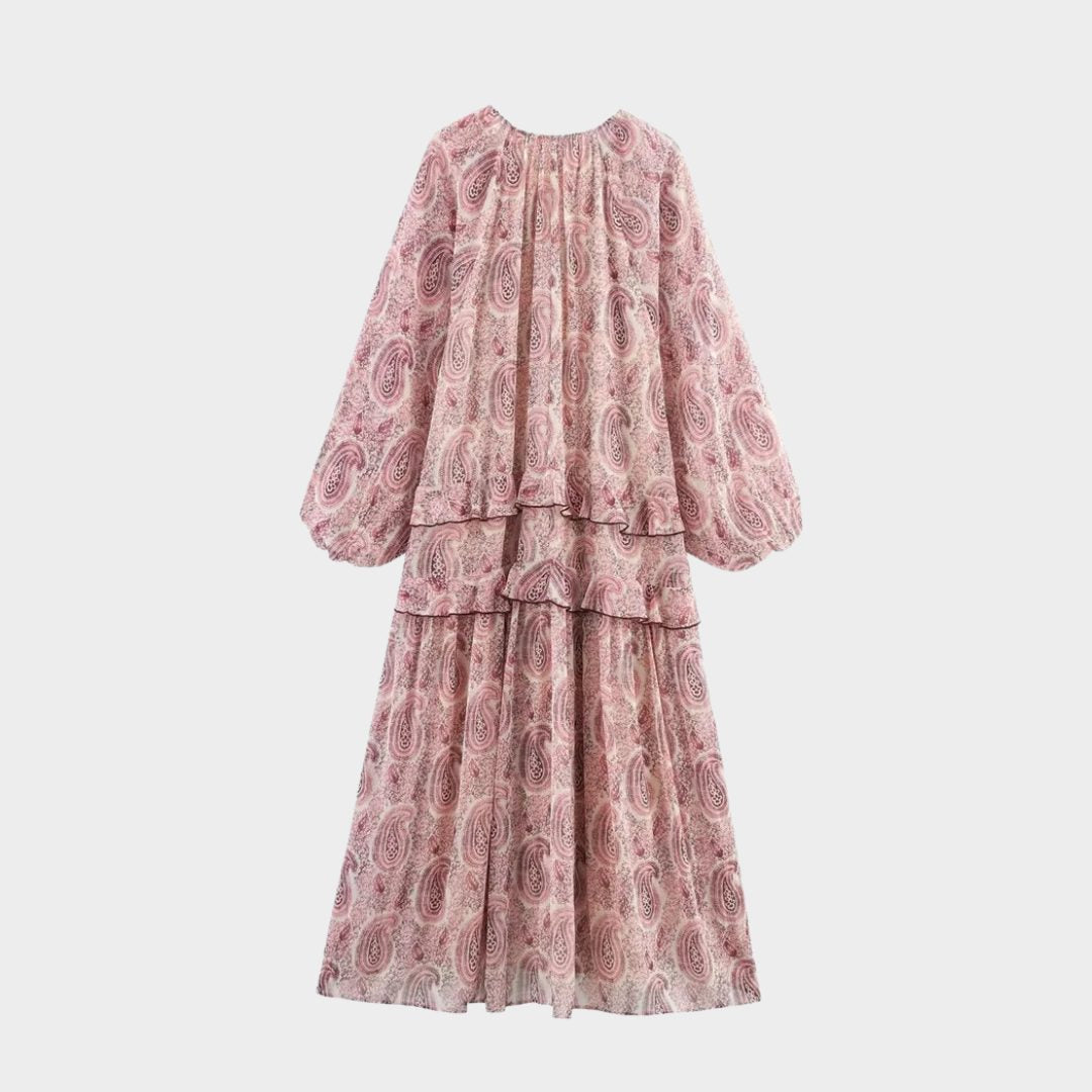 Lång paisleymönstrad klänning med volymärmar och lagerdetalje