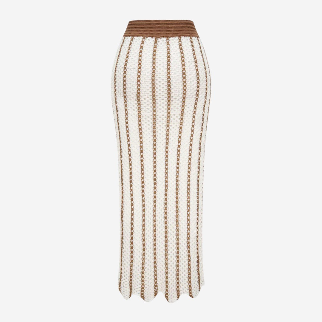 Smal midikjol i virkad trikå med vågig fåll och lodräta ränder