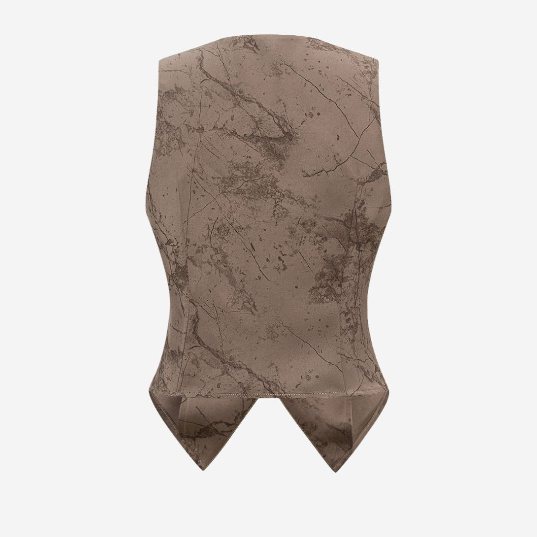 Khaki figursydd väst med marmorerat tryck, spetsigt fållslut och avlånga guldfärgade knappar för dam