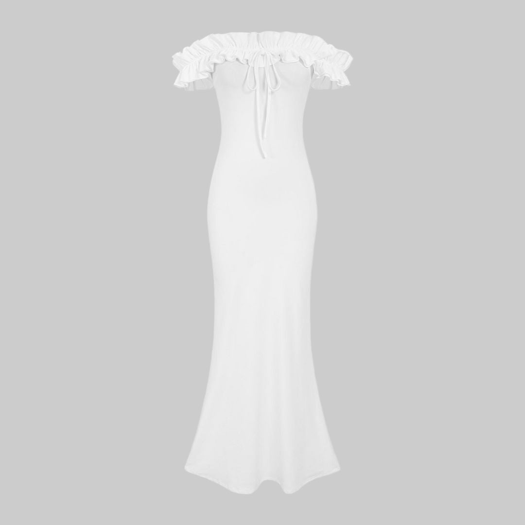 Axelbandslös maxiklänning i jersey med volang och smal passform