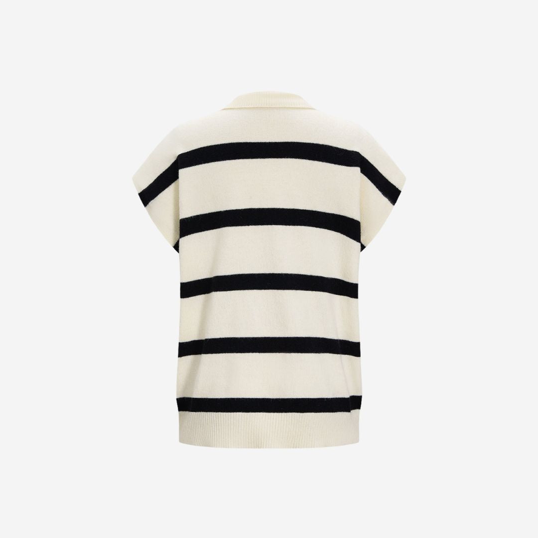 Randig stickad väst i krämvitt med krage och lös passform