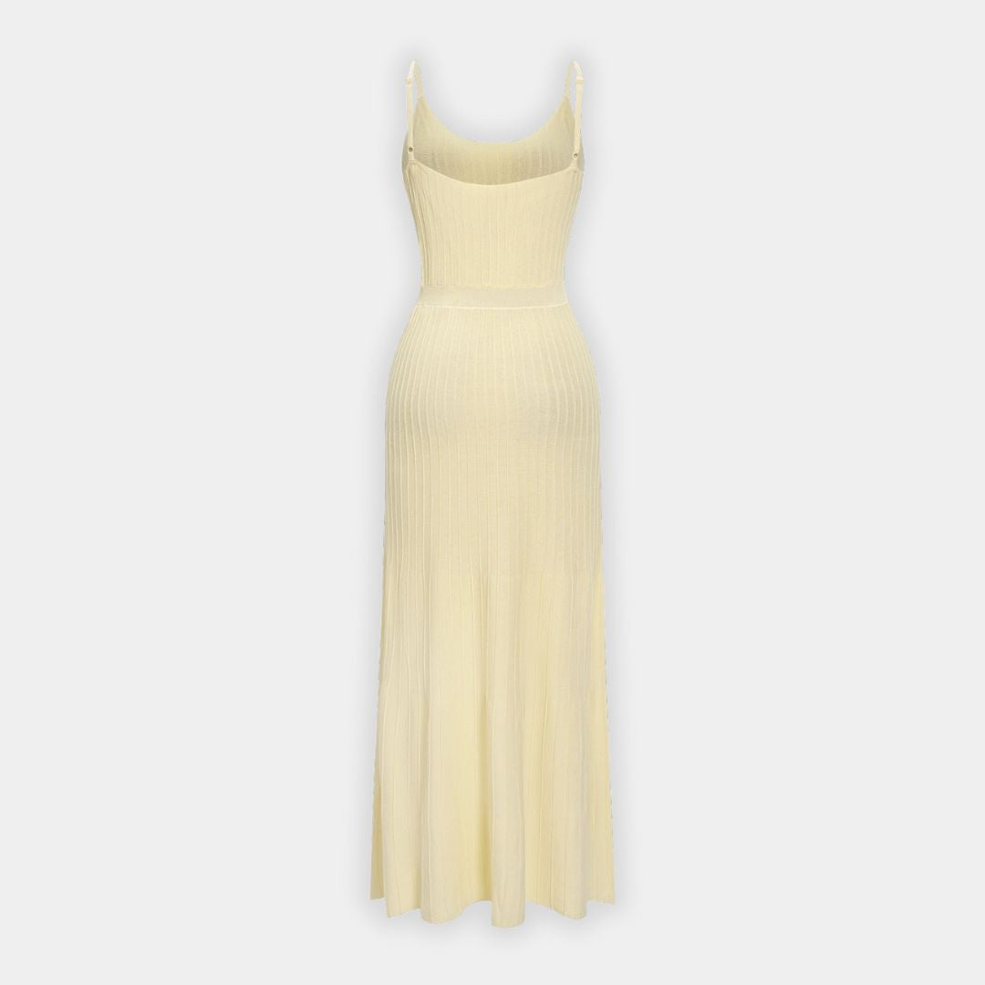 Ljusgul Stickad klänning slim fit med smala axelband ribbad design stretchigt jerseytyg