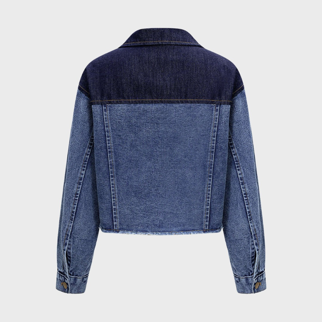 Blä Cowboy cropped denimjacka i två toner med rå fåll