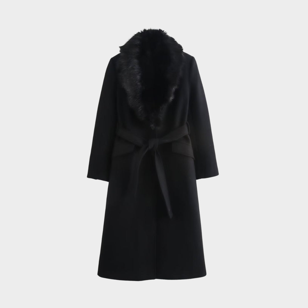 Lång kappa med fuskpälskrage midjebälte och knäppning