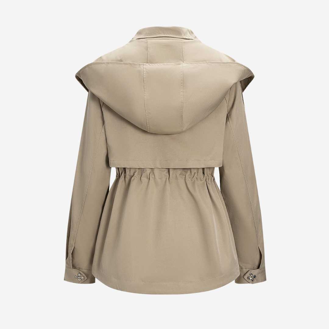 Khaki jacka med avtagbar huva, snedskuren krage och dragsko i midjan i lös passform för dam