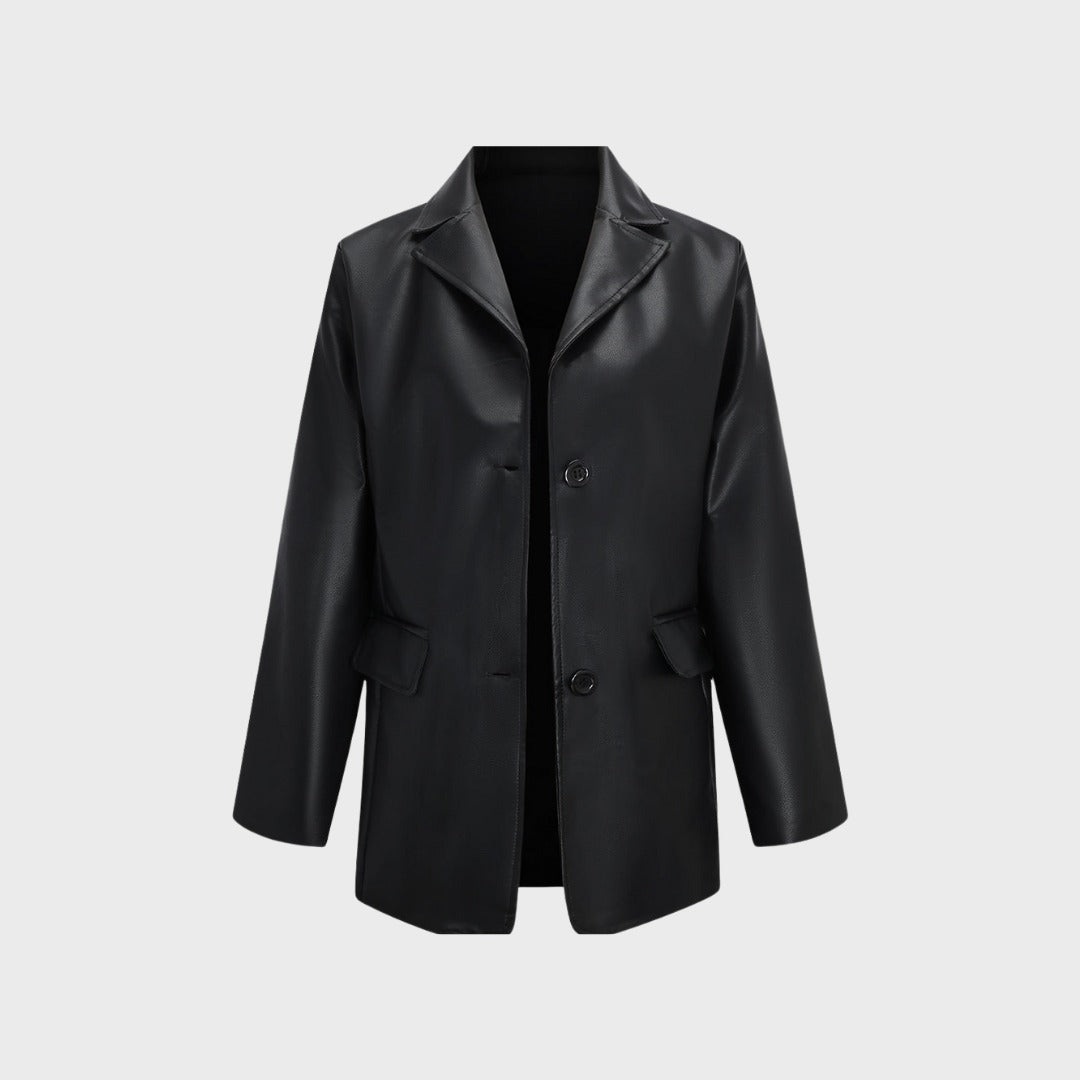 Svart oversize kavaj i imitation läder med knappstängning