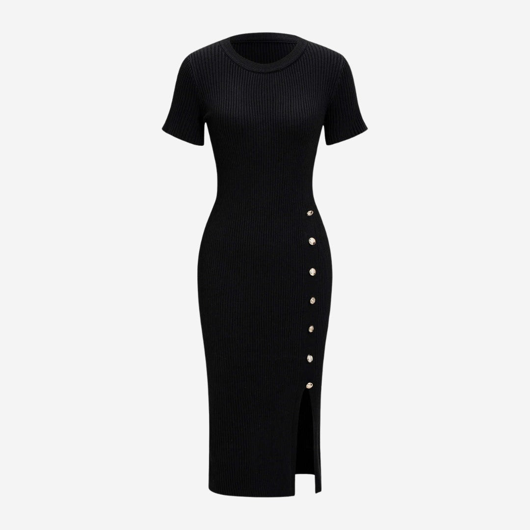 Stickad Asymmetrisk Klänning Med Midjaknappar Kort Ärmar