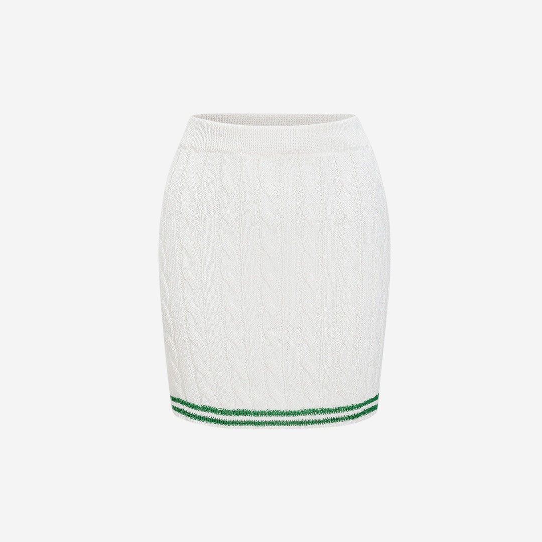 Kabelstickad minikjol med ribbad midja och randig nederkant