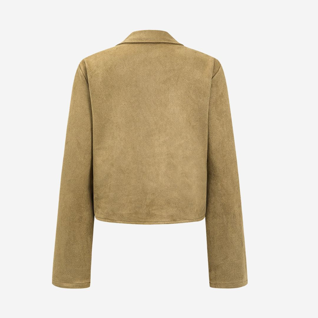 Khaki Kort jacka i sandfärgad mockaimitation med knappar, skjortkrage och påsydda fickor i figurnära passform