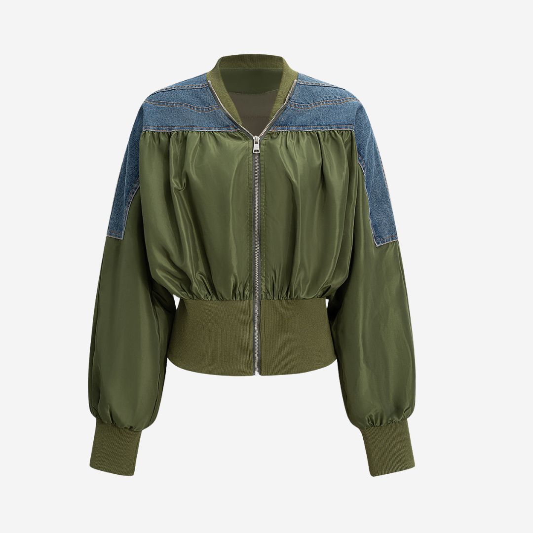 Grön bomberjacka med denimdetaljer i patchwork