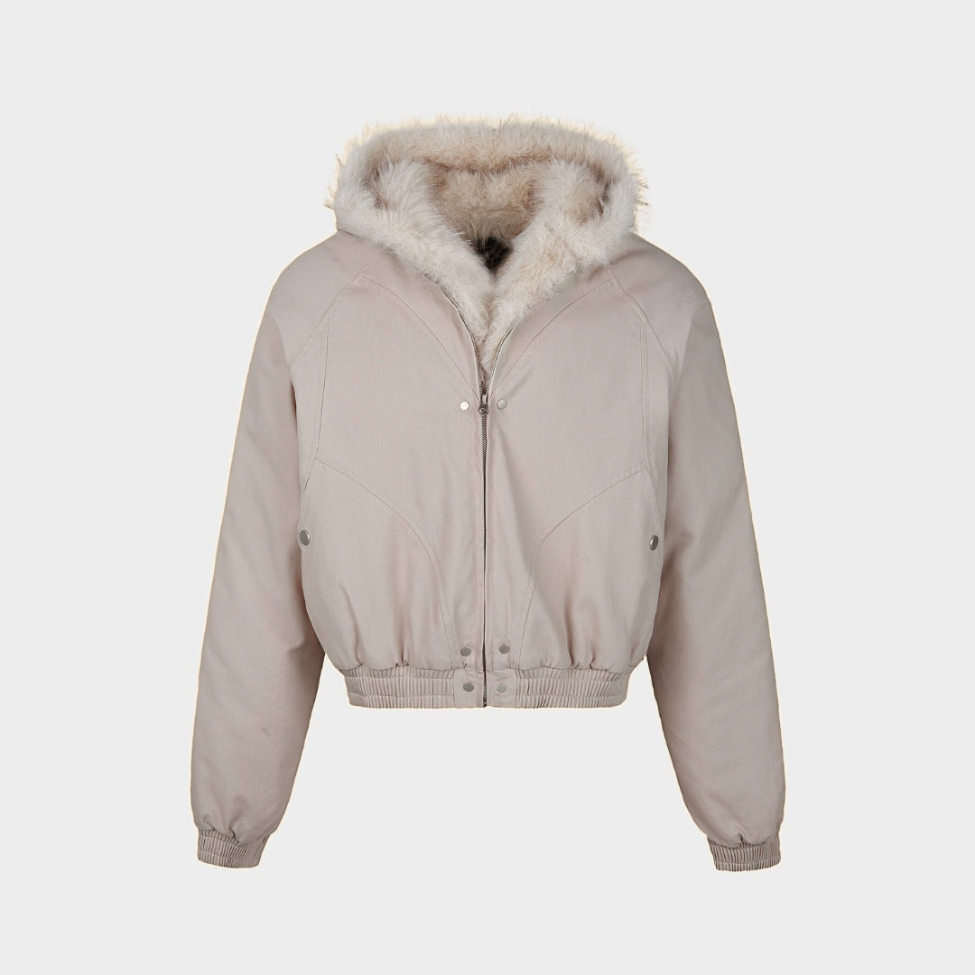 Jacka i bomberstil med huva fuskpälsfoder dragkedja och resårkant