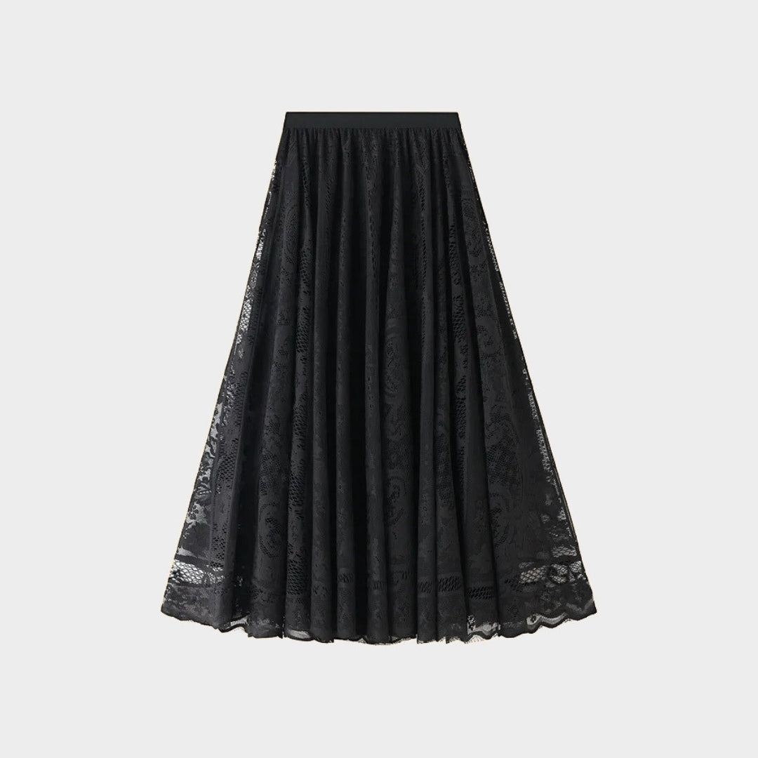 Kjol i spets med naturlig midja, ankellängd, A-linje silhuett och delikat struktur