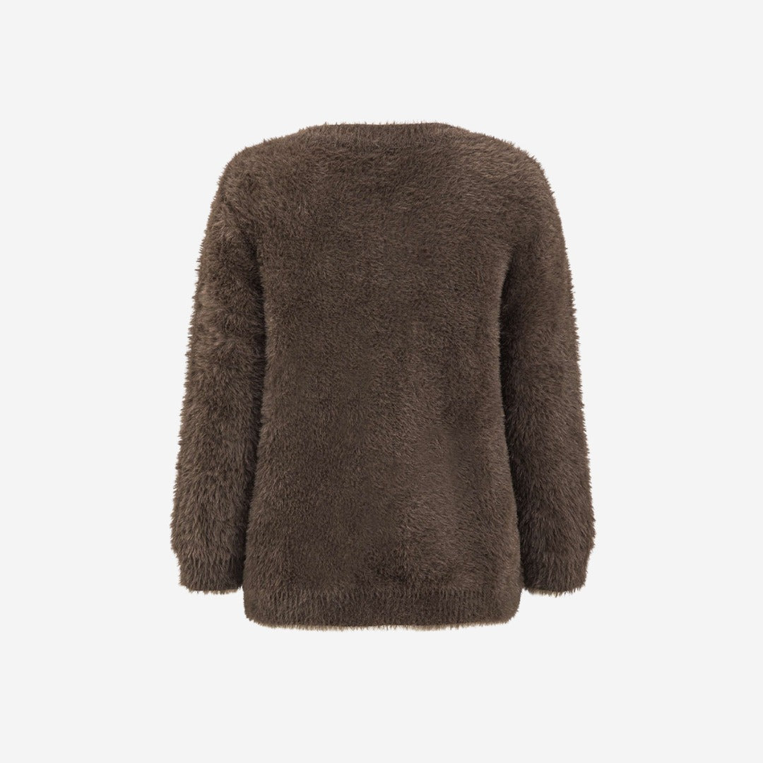 Brun fluffig stickad kofta med dekorativa blomknappar