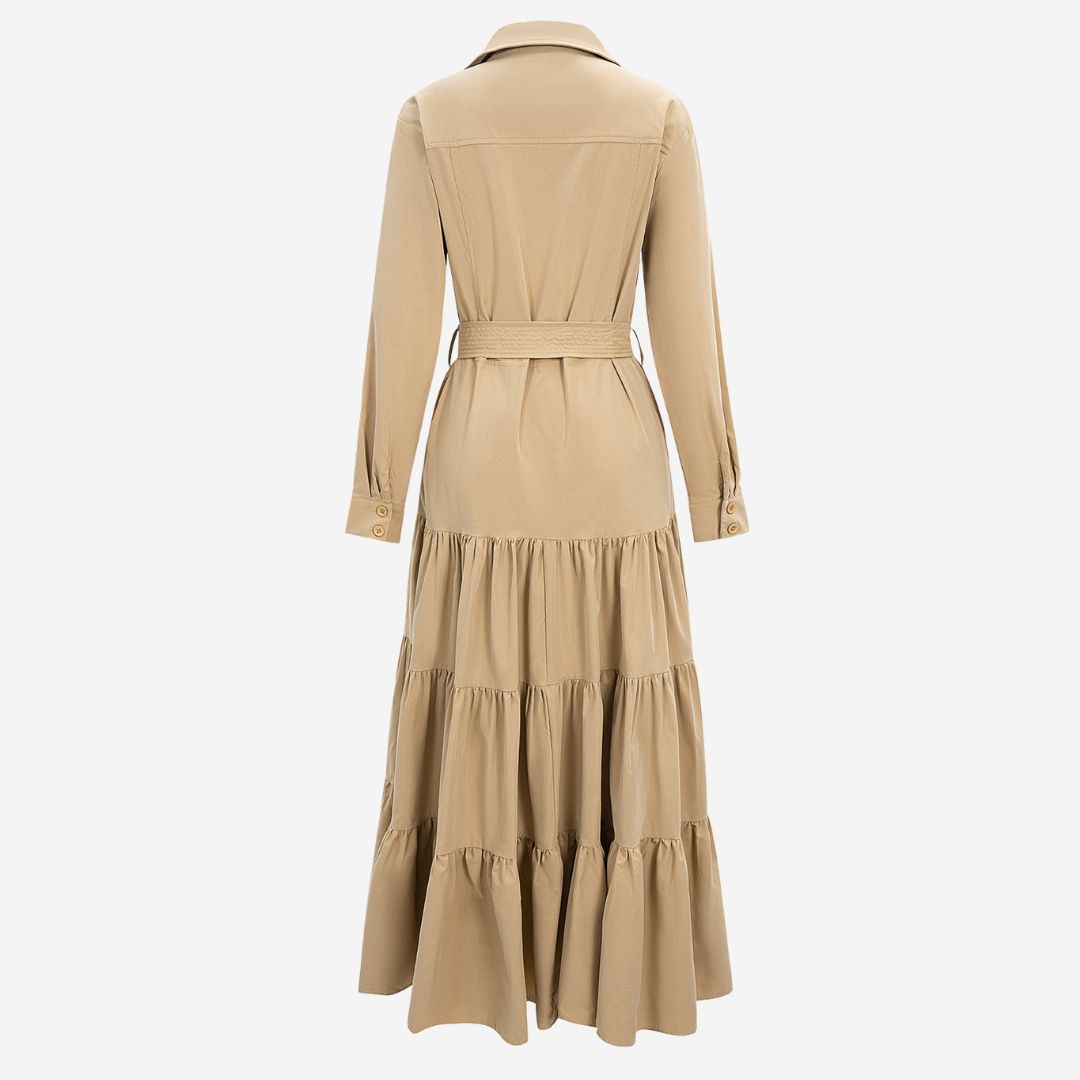 Beige lång jacka i klänningsstil med volangkjol och knytbälte