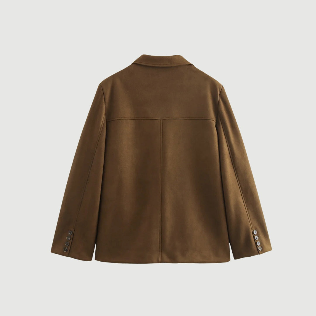 Oversized brun jacka i mockastruktur med knappar och slagkrage