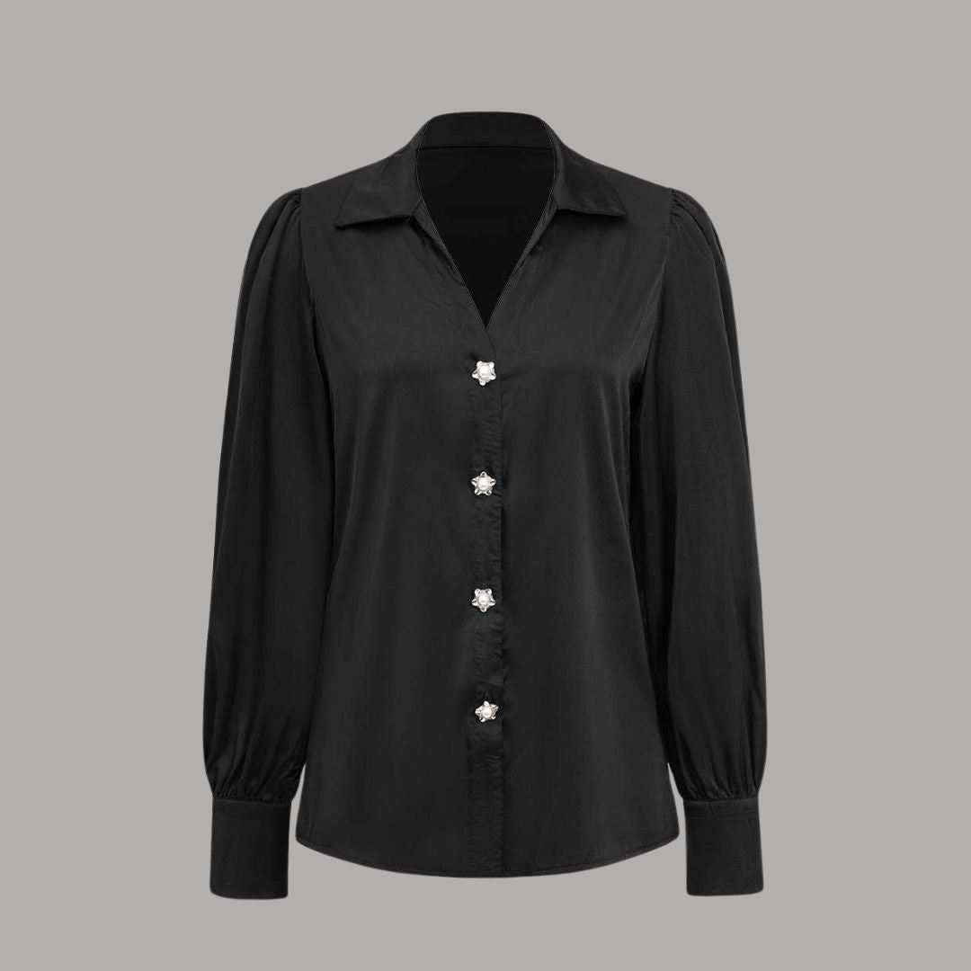 Elegant satinskjorta med pärlknappar och avtagbart knyt, bär som klassisk blus eller trendig topp