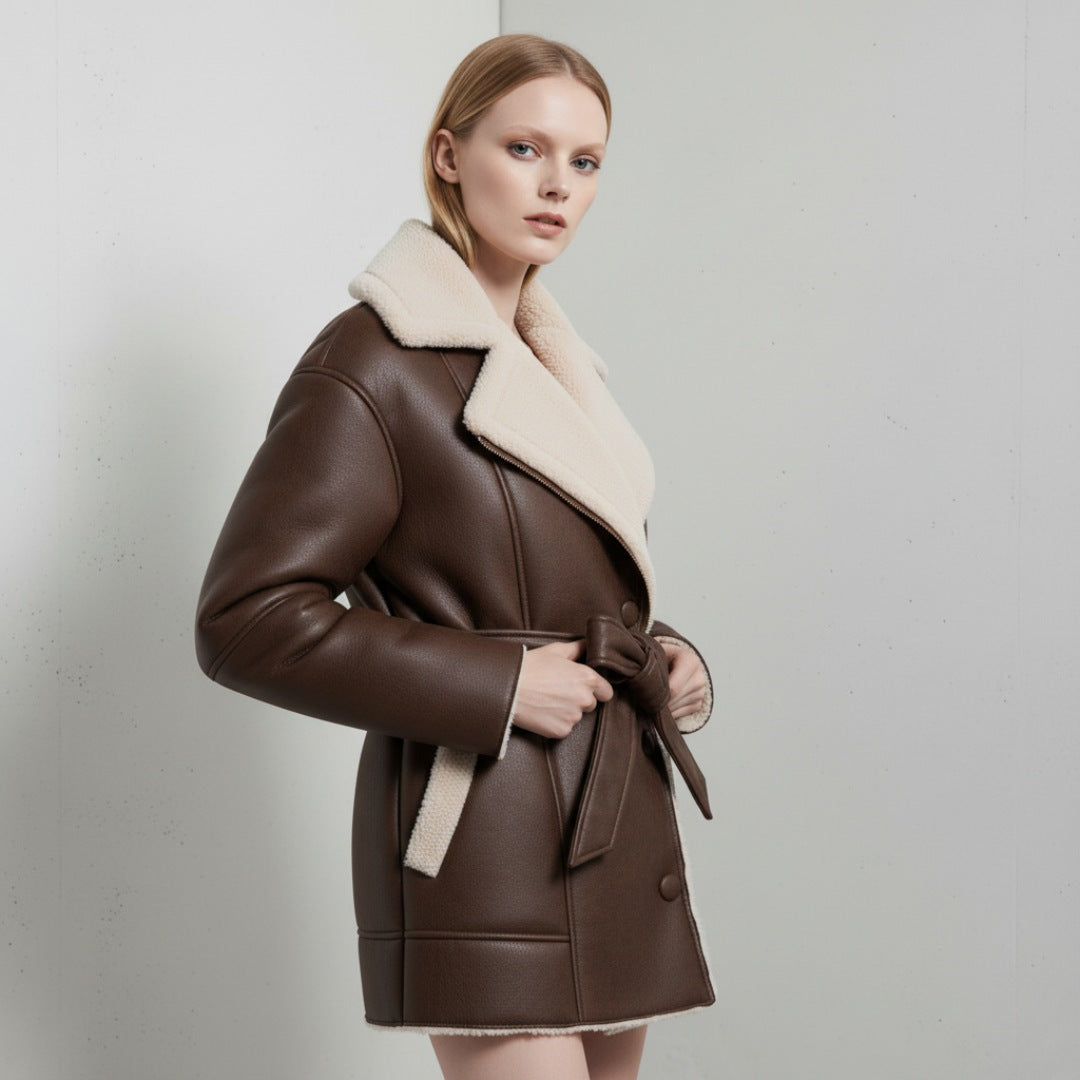 Brun jacka i fuskläder med fuskpälsfoder och knytskärp