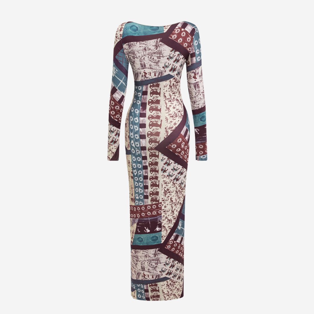 Mönstrad maxiklänning i mjukt stretchtyg med figurnära passform och patchwork