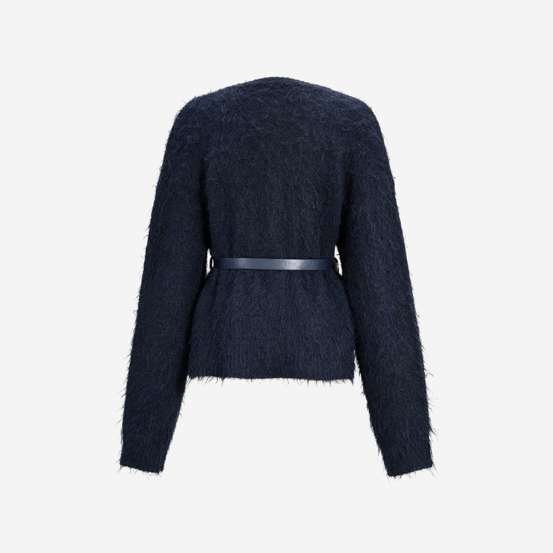 Marinblå fluffig stickad cardigan med bälte och knappar framtill