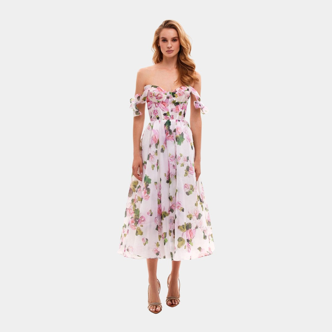 Vit midiklänning i organza med rosigt blommönster