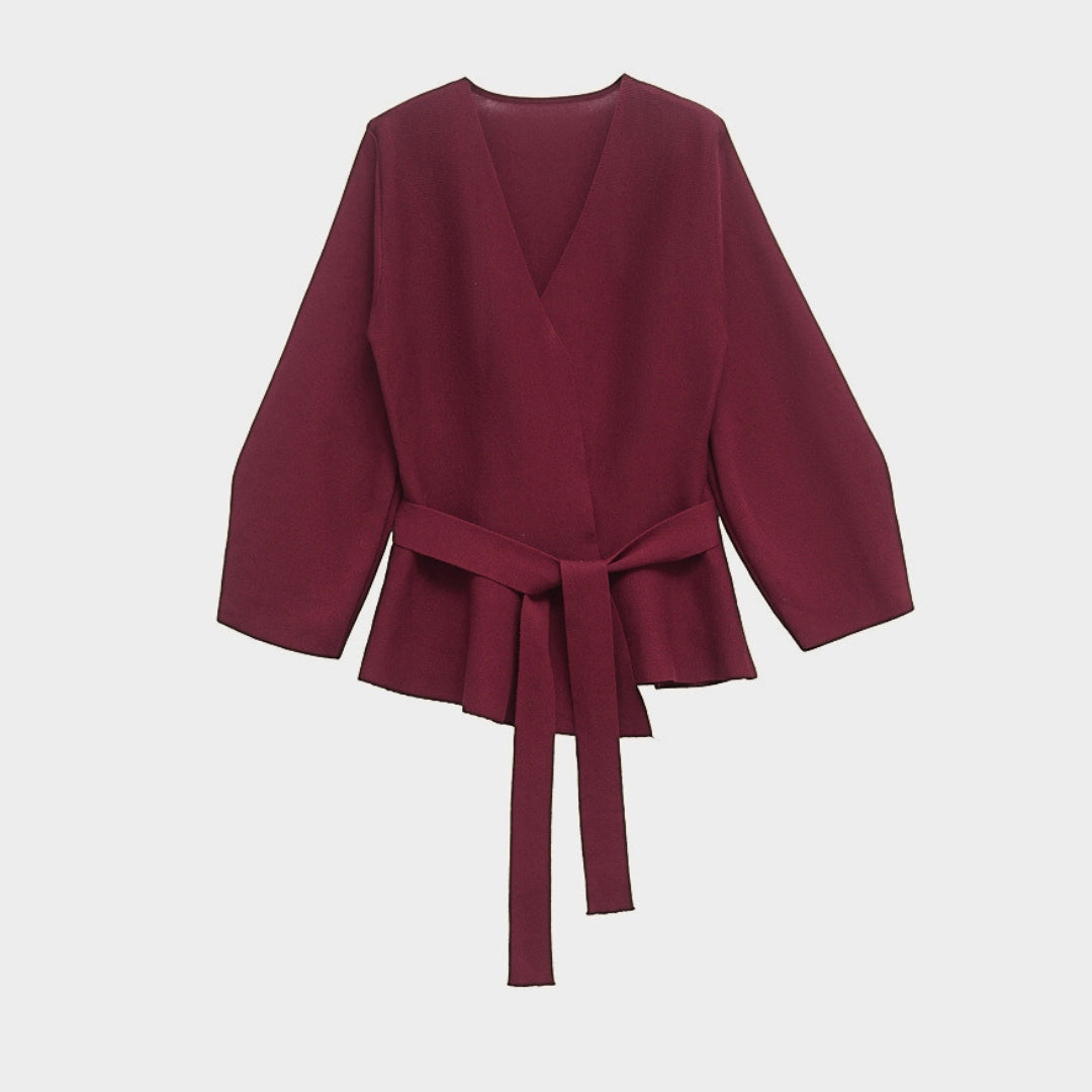 Elegant blus med v-ringning lång ärm och knytbart midjebälte