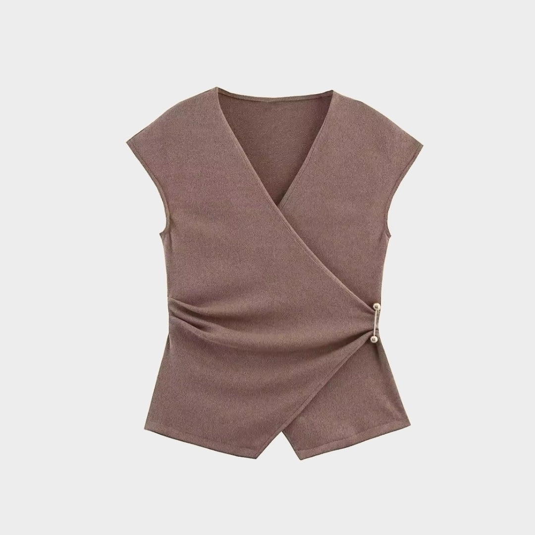 Brun Tvådelat set med omlottopp och vida byxor i stretchigt trikåmaterial