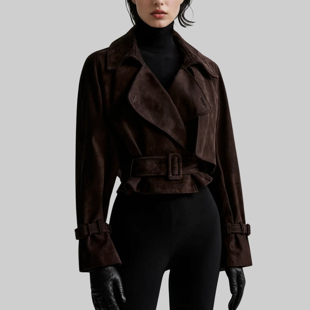 Kort Morkbrün Mockajacka med Krage och Spänndetaljer