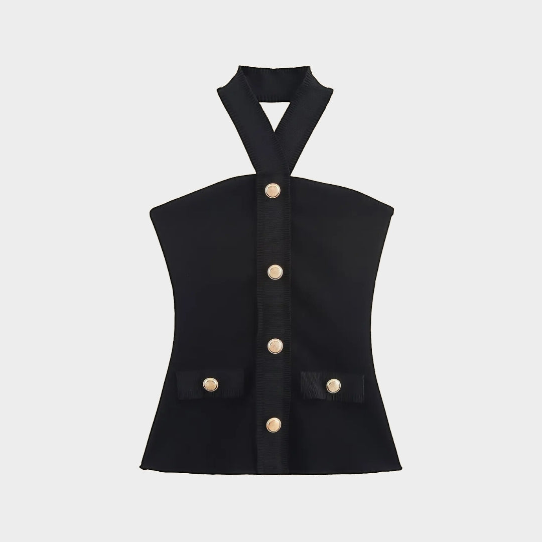 Svart Tvådelat set med halterneck-top och knapprad – skräddade långbyxor