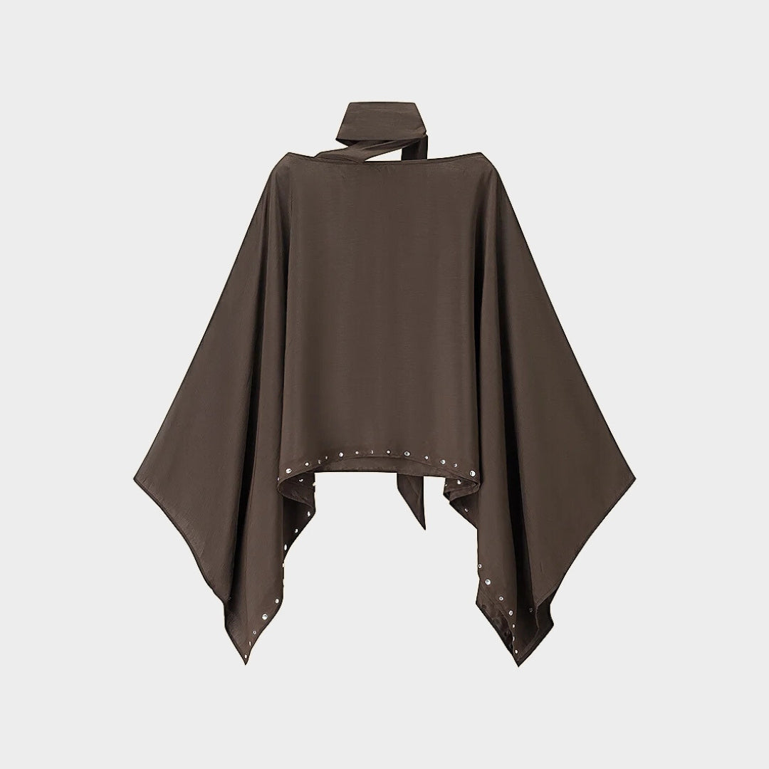 Kaffebrun lös topp med fladdermusärm och nitar i vävt tyg