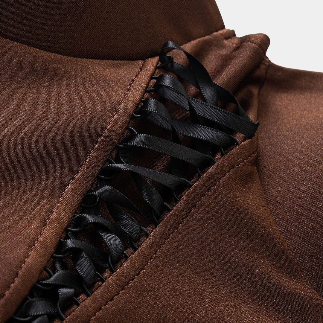 Tvåfärgad midiklänning med korsettliv, snörning och transparent kjol i ljusbrun mesh