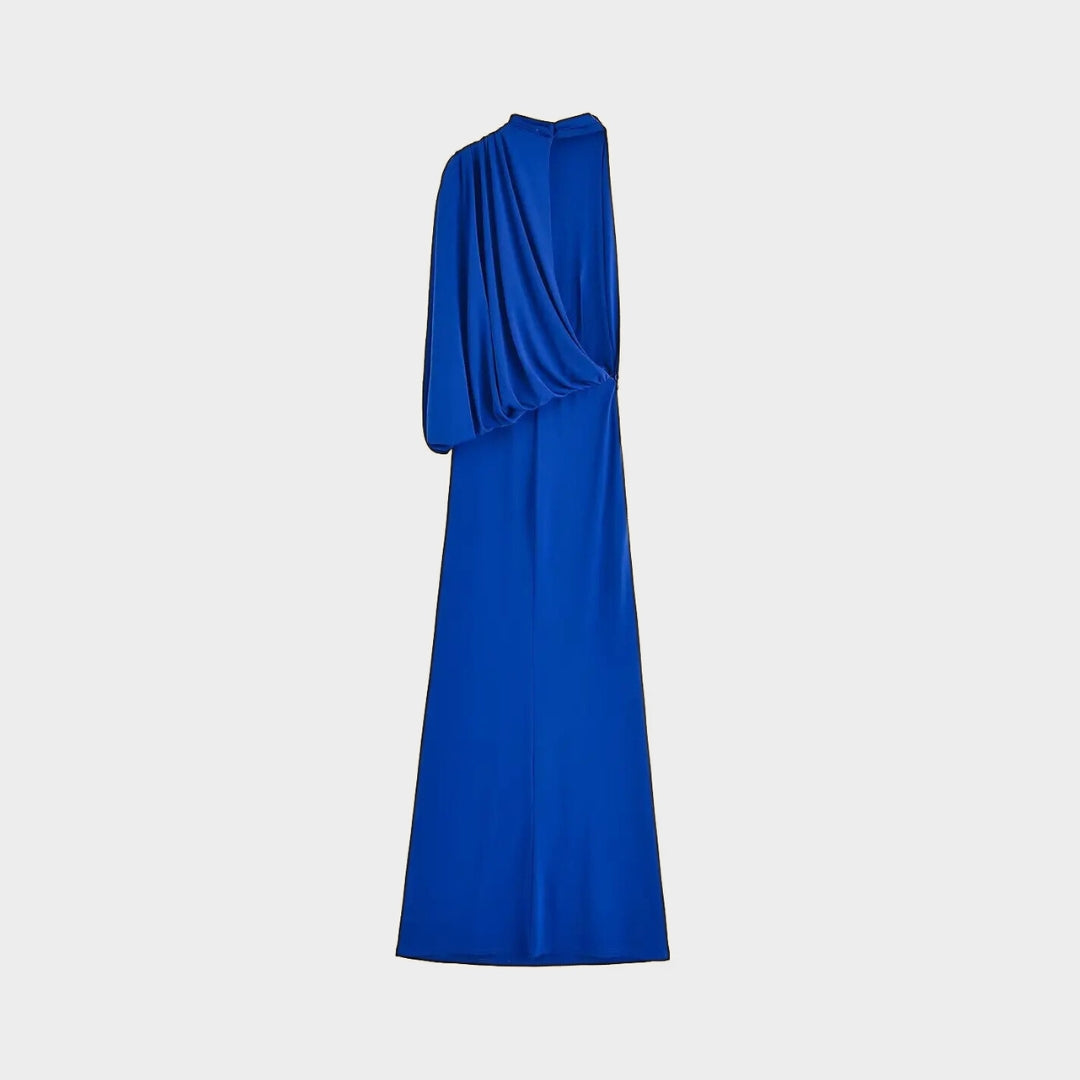 Blä Maxiklänning med asymmetrisk drapering och enaxlad design i vävt tyg